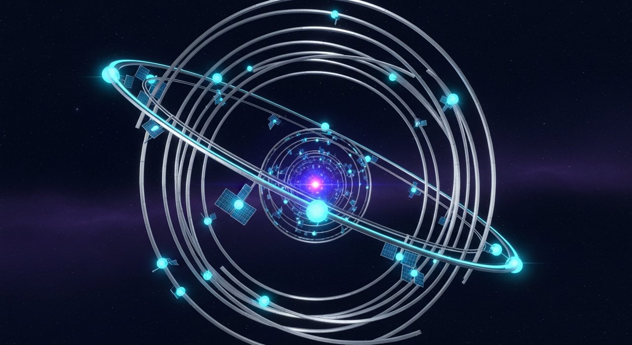 Orbit — concentric silver rings around a glowing indigo orb