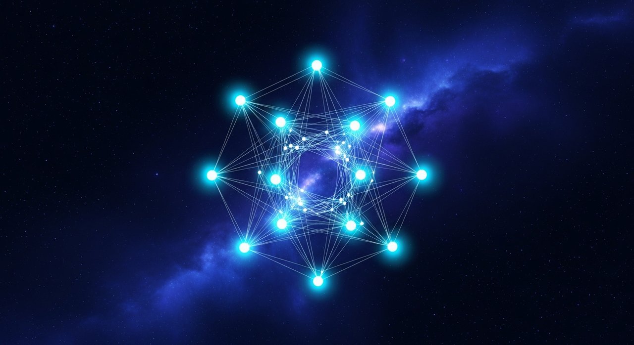 Constellation — eight cyan nodes connected forming an emergent shape